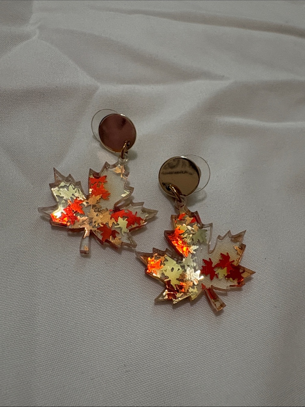 Autumn Maple Leaf Acrylic Dangle Pierced Earrings - Gold & Orange